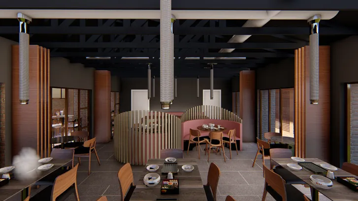 Restaurant with grill tables, extraction hoods and curved slatted timber booths