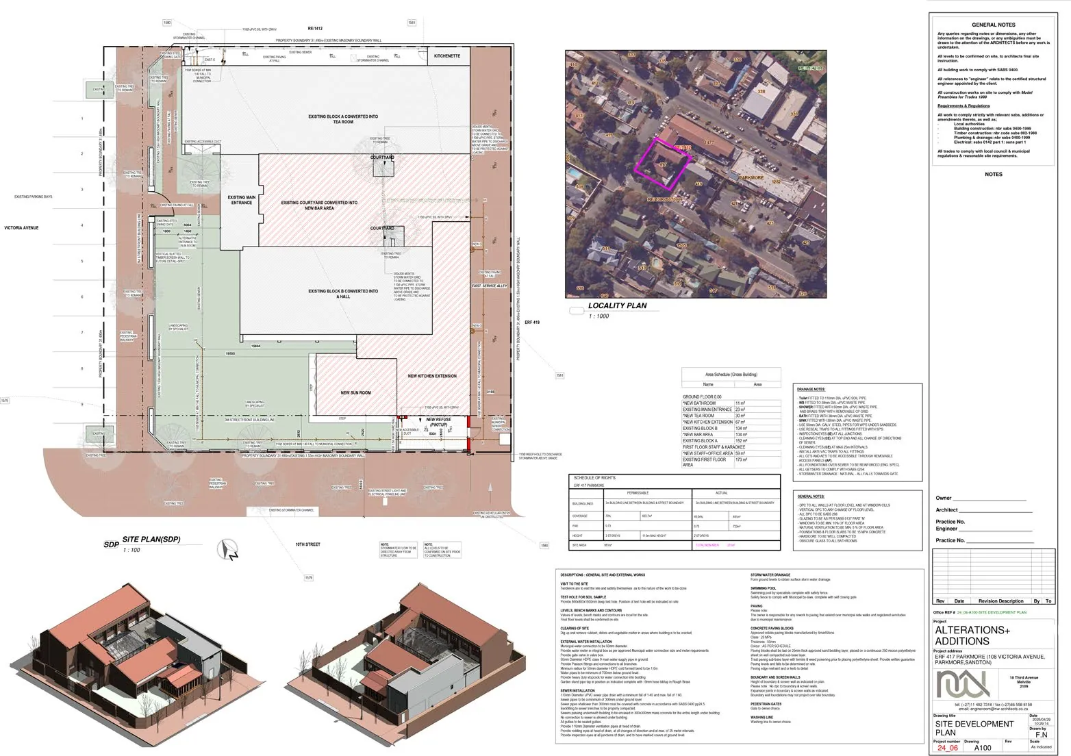 Site development plan sheet with the locality plan, area schedule and two 3D views