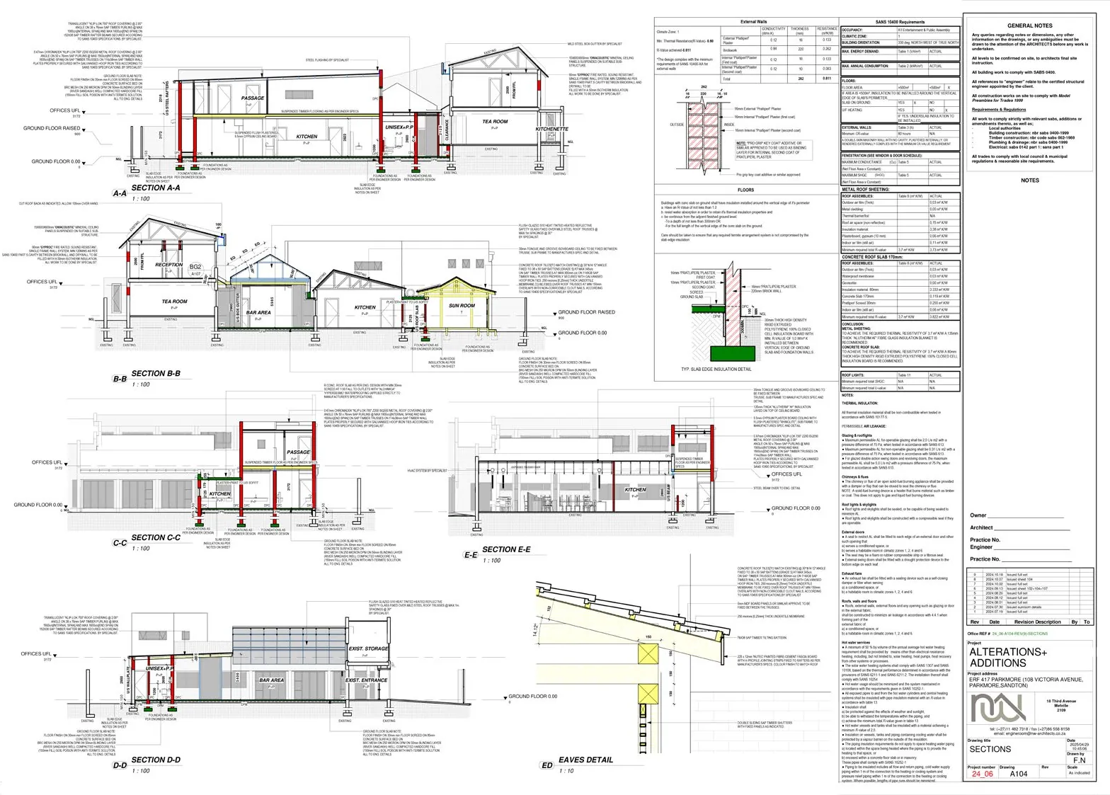 Sections sheet with five building sections, an eaves detail and SANS 10400 tables