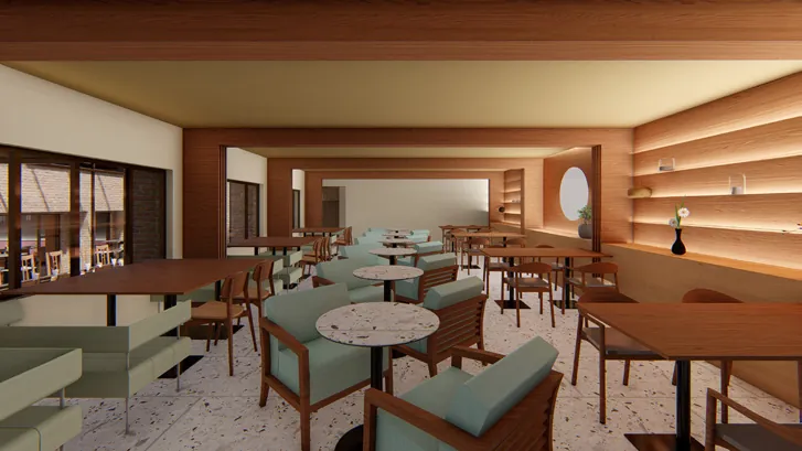 The tea room seen from the far end, with round tables and timber walls