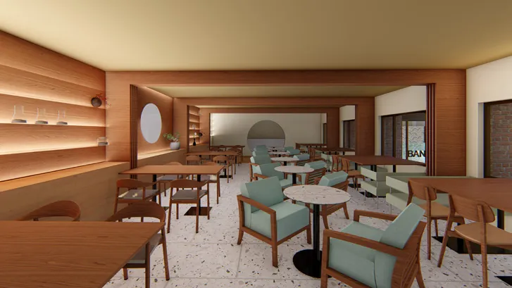 Tea room with lit timber shelving, a round window, terrazzo floor and green armchairs