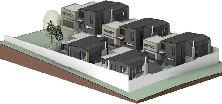 Axonometric view of five dark-roofed townhouses on a raised site