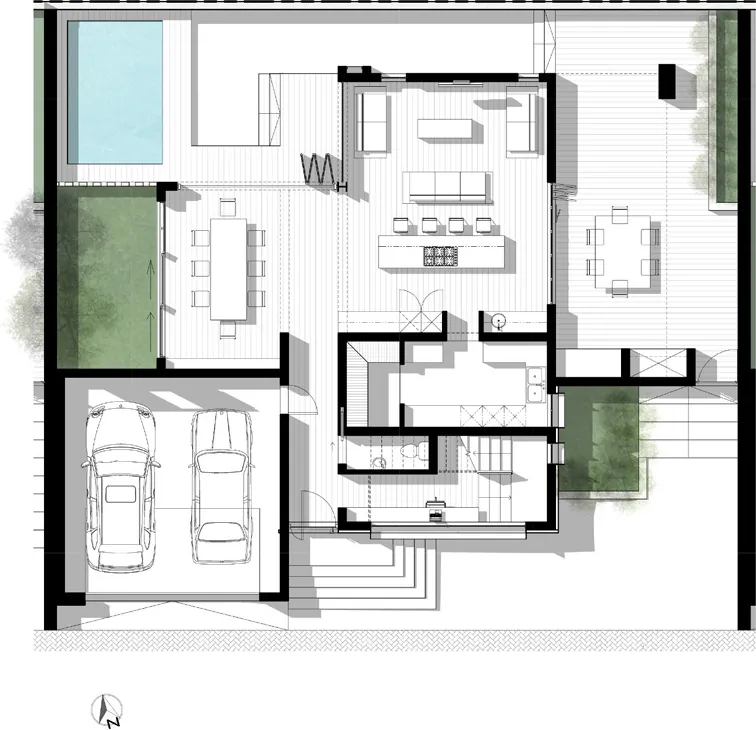 Ground floor plan of a townhouse: double garage, open-plan living, kitchen and garden