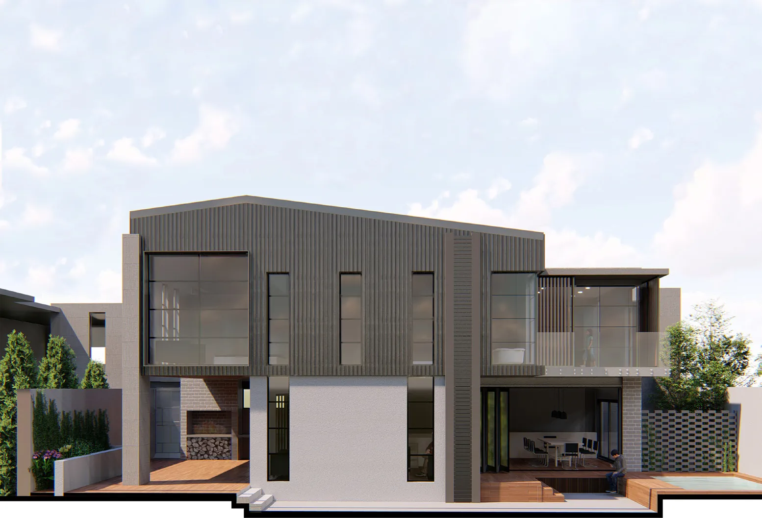 The north side of a townhouse: a covered patio with a built-in braai opening off the living spaces, and a balcony above