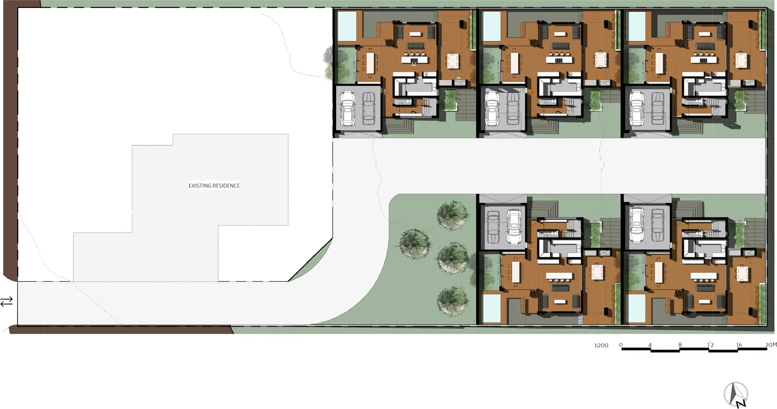 Site plan with the existing residence on one side and five townhouse plans in colour on the other