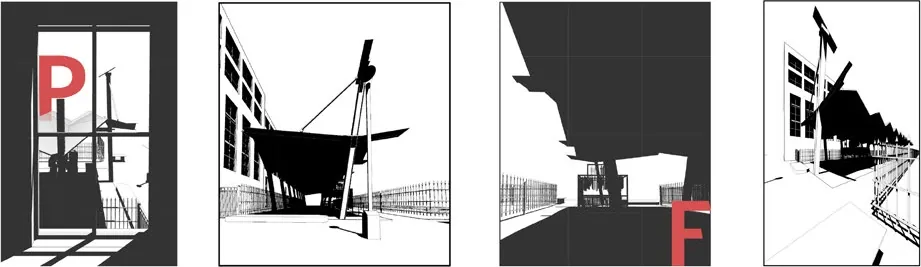 Four black and white architectural studies from the portfolio cover, two marked with red letters P and F