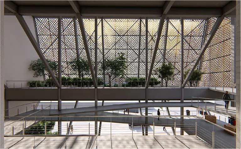 A tall public atrium with planted bridges behind a diagonal steel structure and a perforated screen