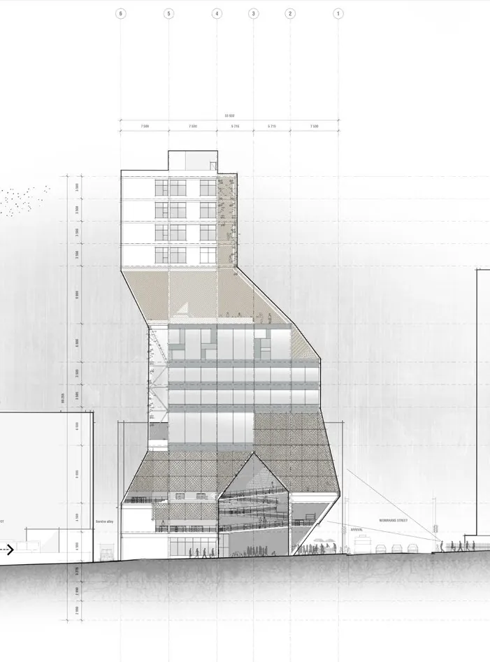 East elevation of the tower with its tapering screened base