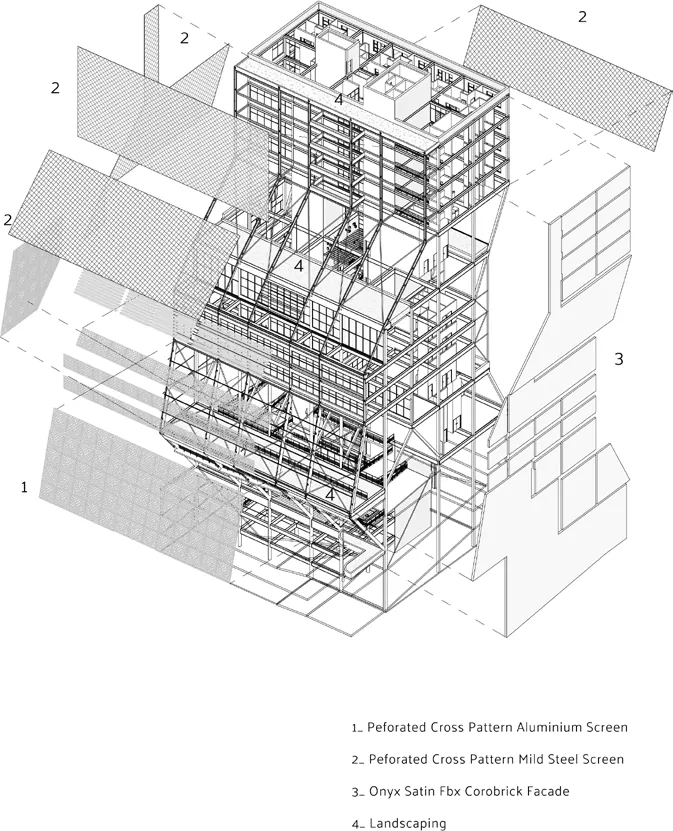 Exploded axonometric of the tower with its screens and facade pulled away
