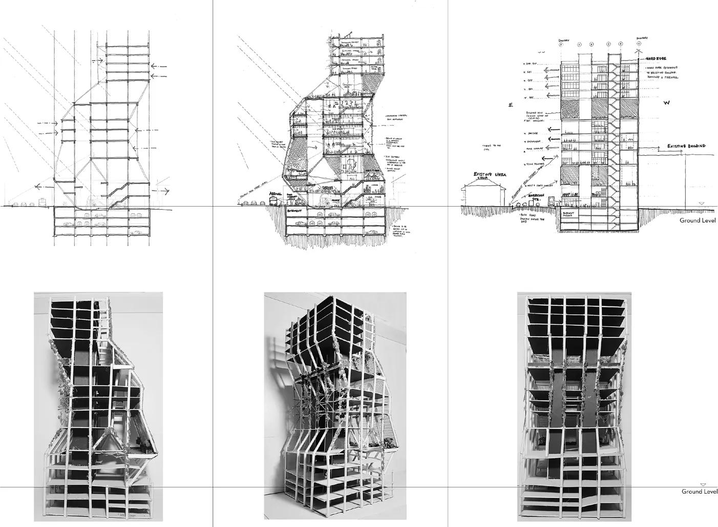 Three hand-drawn sections above three physical study models of the tower