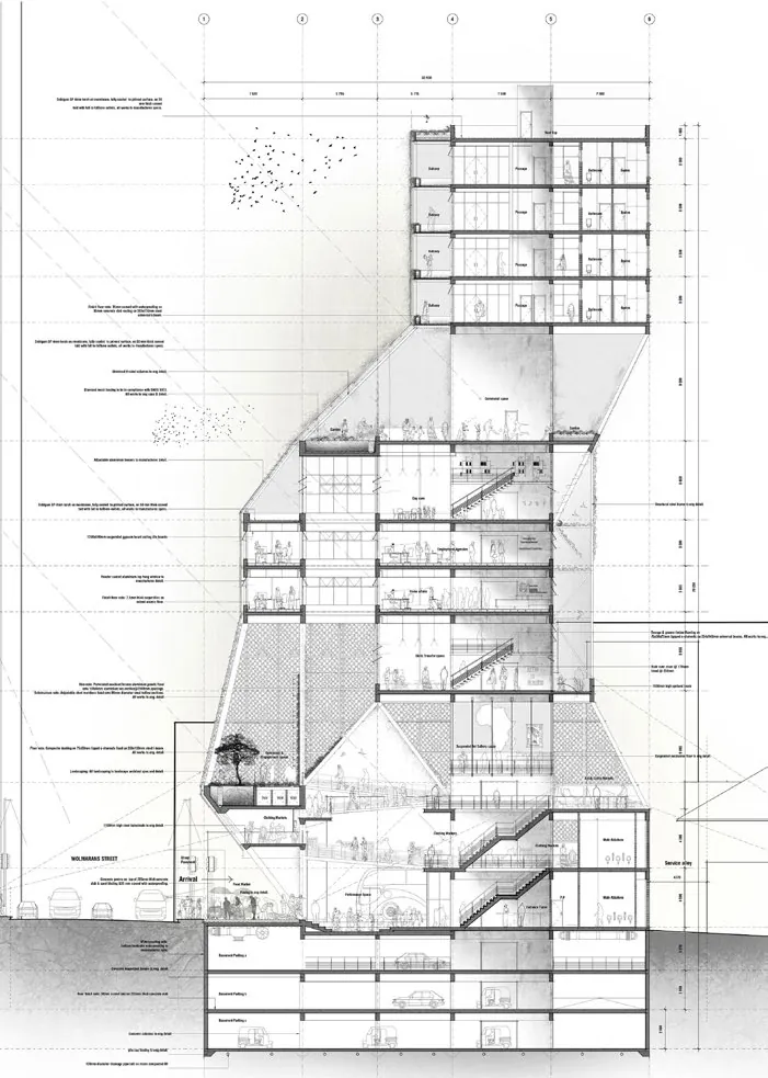 North–south section through the tower showing markets, atrium, stairs and housing above basement parking