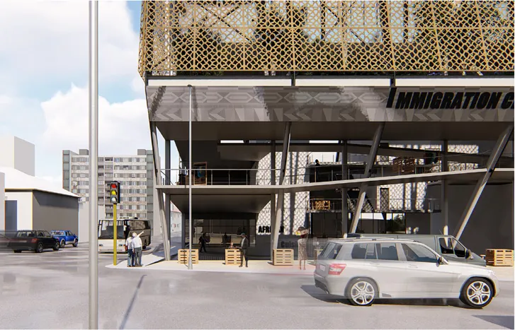 Street view of the centre’s open, covered ground floor beneath the screened upper levels