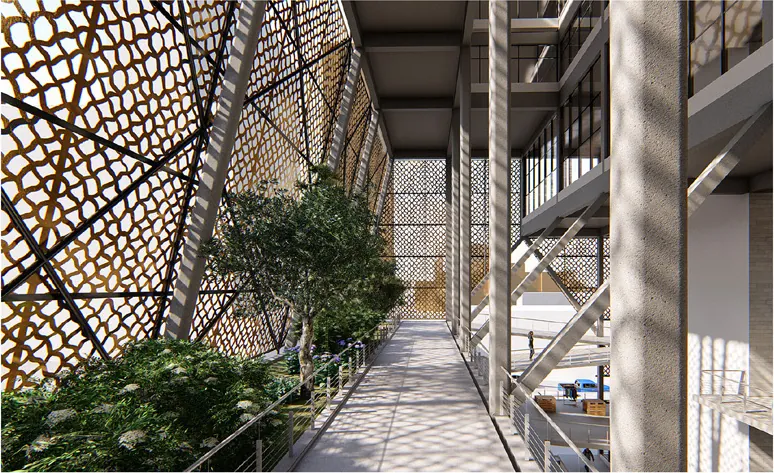 A planted walkway inside the perforated screen