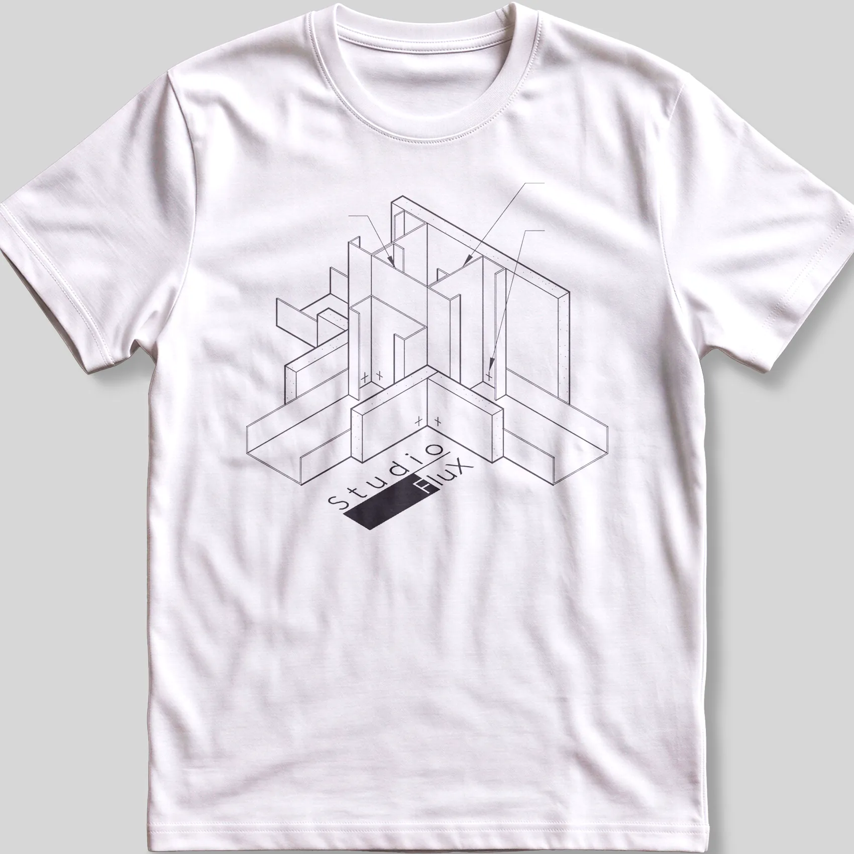 White T-shirt printed with a black isometric line drawing and the Studio FluX logo