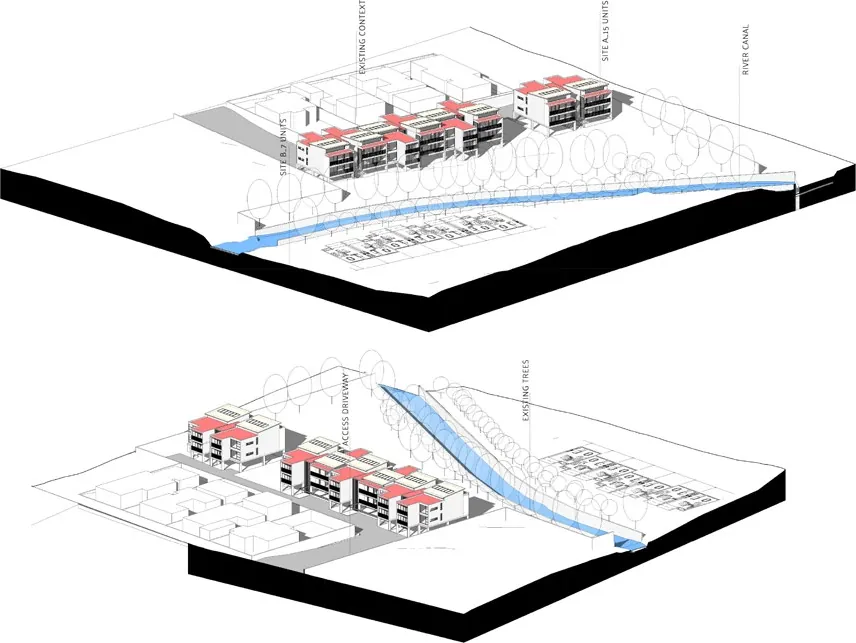 Two axonometric views of the site showing the apartment blocks, existing trees and the blue river canal