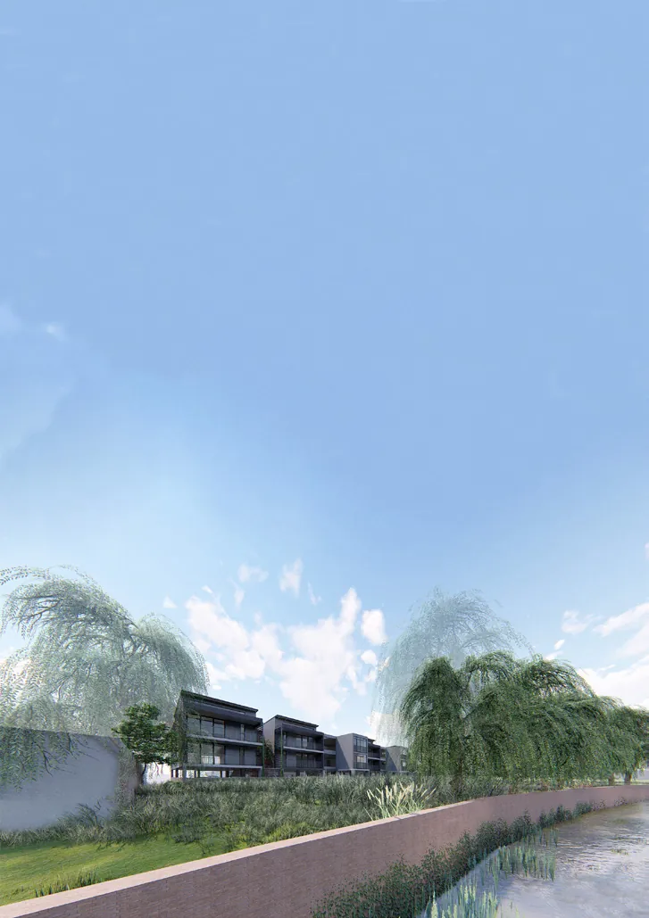 The apartments seen across the canal between weeping willows