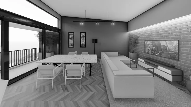 Open-plan living and dining room with a long sofa, brick feature wall and sliding doors to the balcony