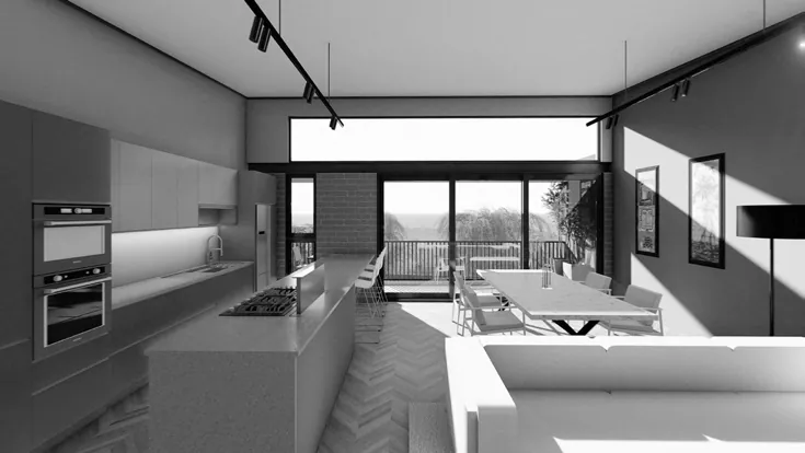Living room looking toward the kitchen and the clerestory window