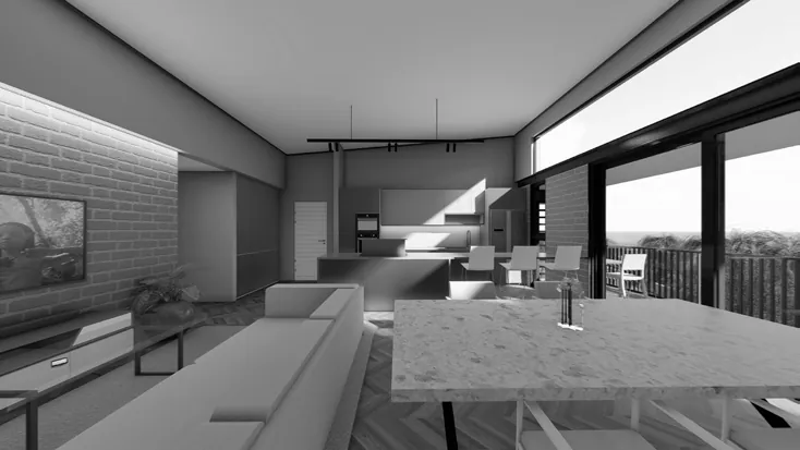 Kitchen island and dining table with full-height glazing beyond