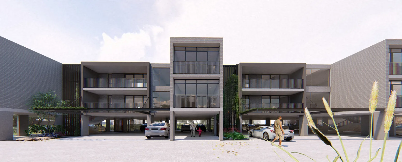 North perspective of the three-storey blocks over a paved entrance court with parked cars