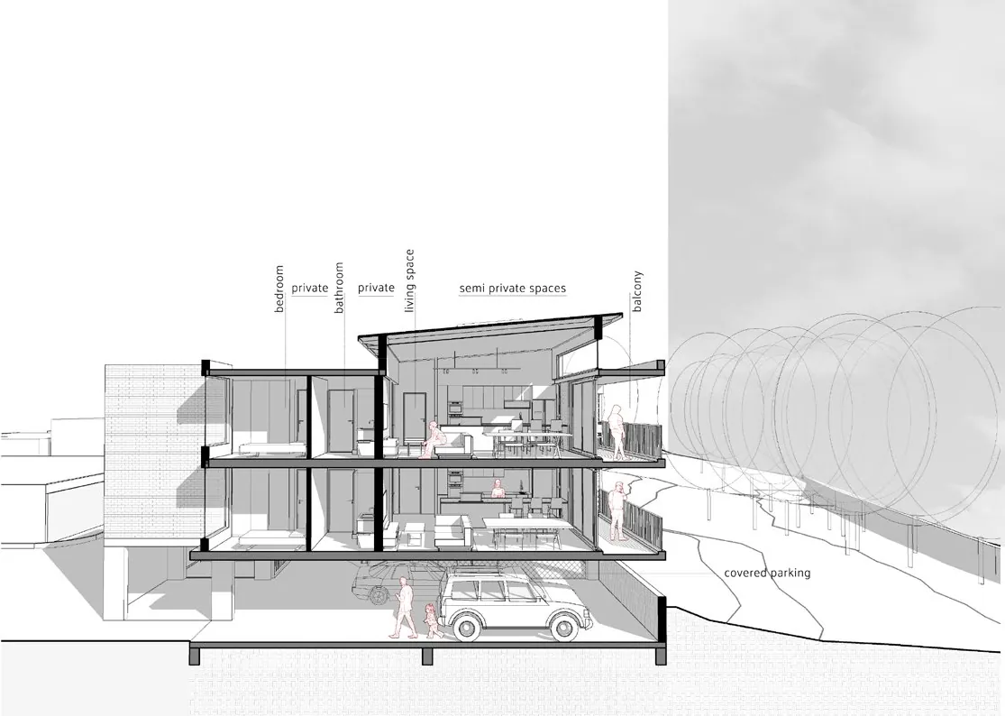 Sectional perspective through a two-storey unit block above covered parking, with the floor plan above