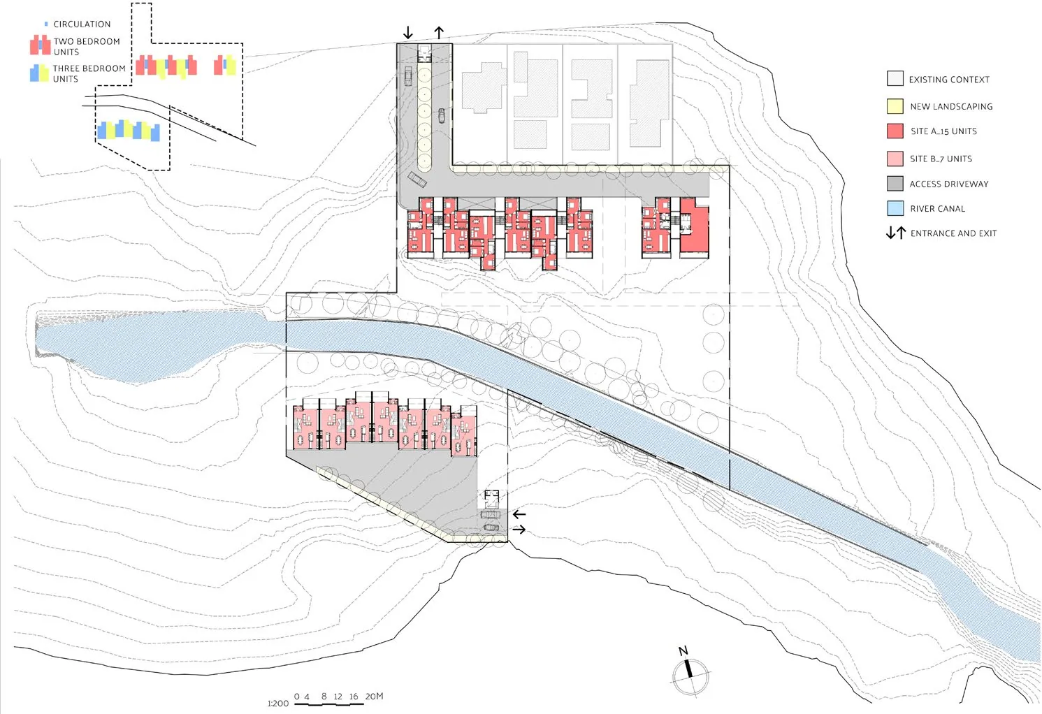 Site plan with the apartment units in red north and south of the river canal, the access driveways and contours
