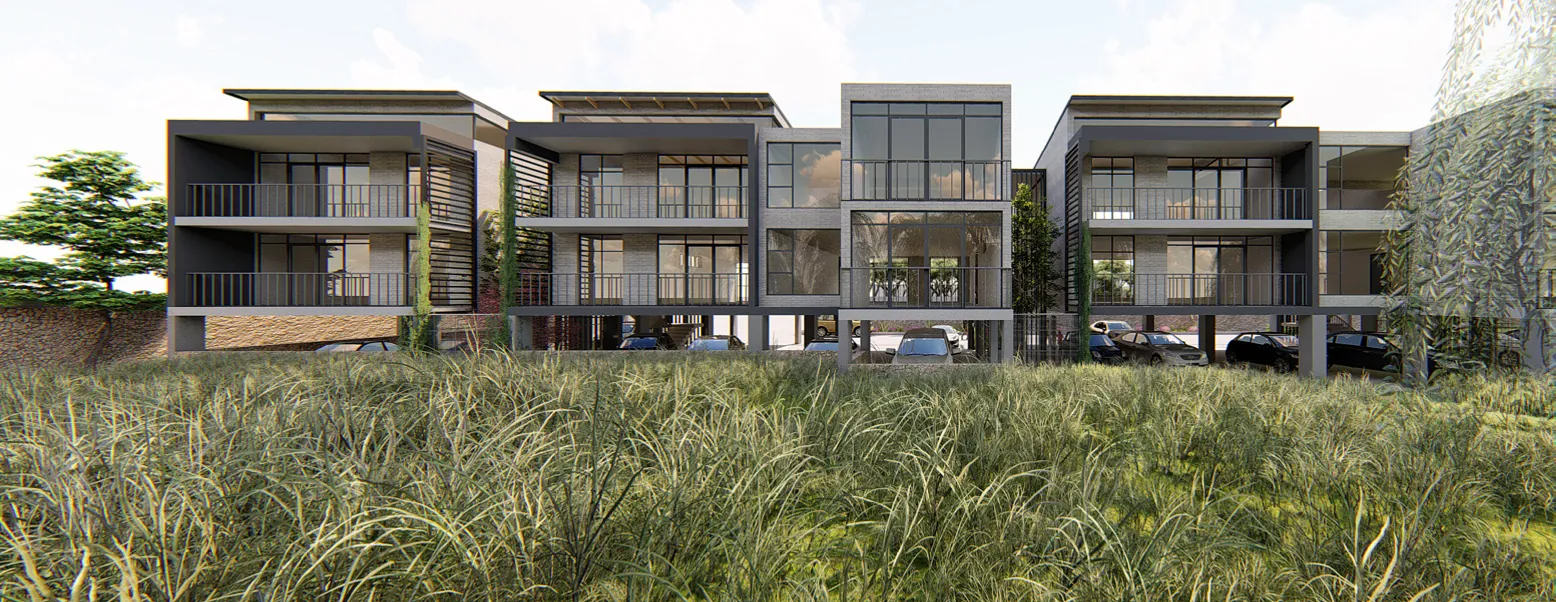 Parkhurst Riverside: apartment blocks above wetland grasses